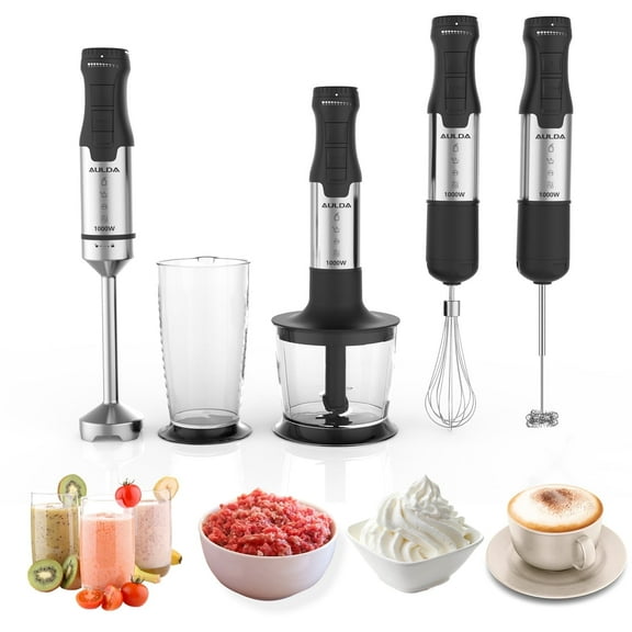 Aulonda 1000W 5-in-1 Immersion Hand Blender - 20 Speeds, Stainless Steel Stick Blender with Mixing Beaker, Chopper Bowl, Milk Frother, Egg Whisk for Smoothie, Baby Food, Sauces Red,Puree, Soup