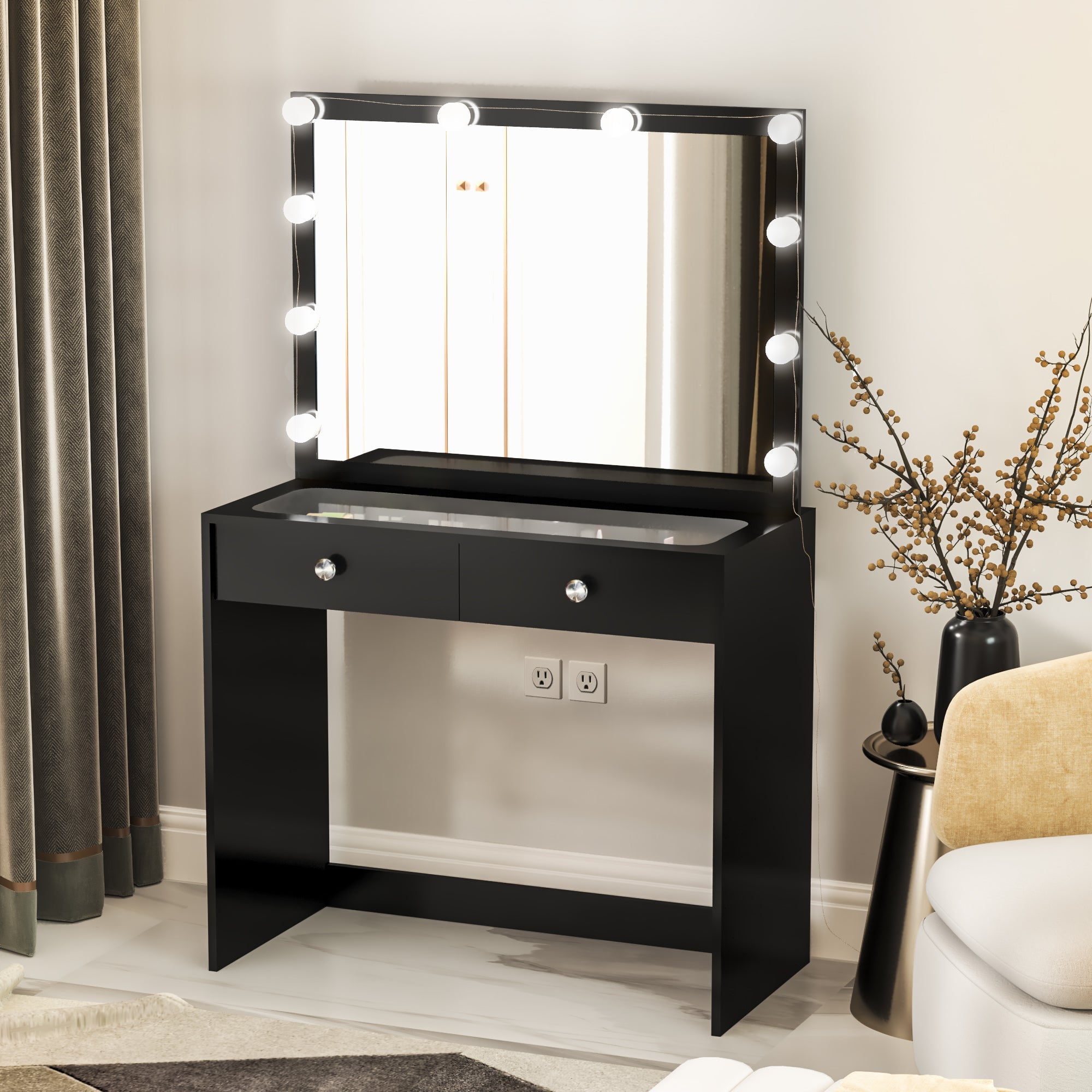 Ember Interiors Melody Modern Black Painted Vanity Table, Lights, for