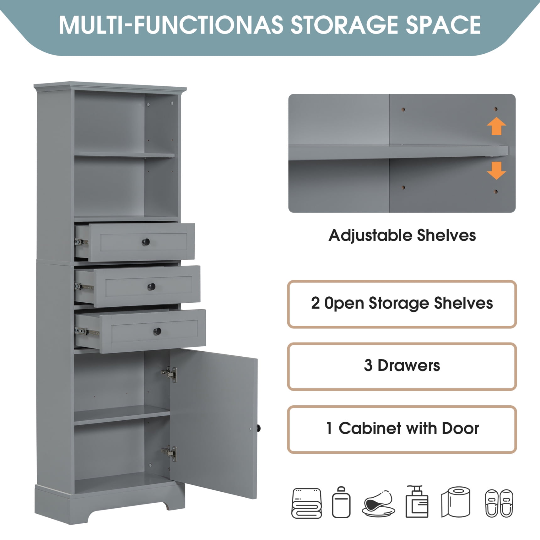 68.3" Tall Bathroom Storage Cabinet, Freestanding Storage Cabinet with 3 Drawers and Adjustable Shelves, Kitchen Pantry Linen Cabinet for Bathroom, Living Room, Dining Room, Office, Gray
