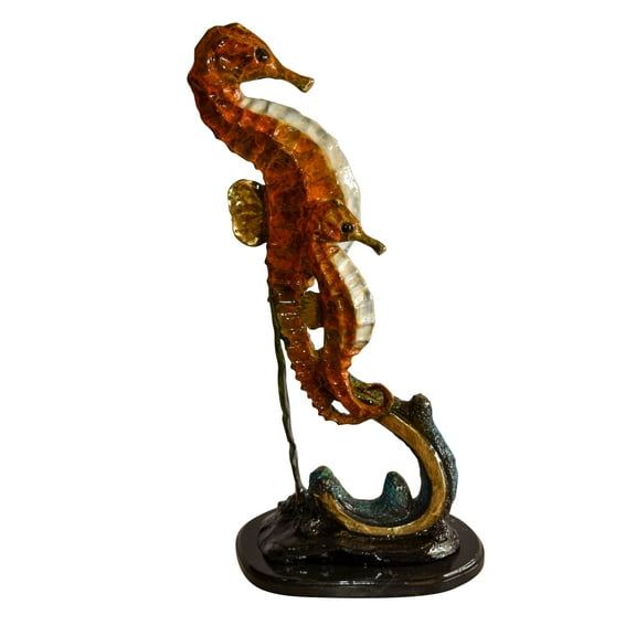 Nifao Two Sea Horses Swimming in the Ocean Colored Bronze Statue – Home Decor Sculpture, 13"L x 9"W x 28"H