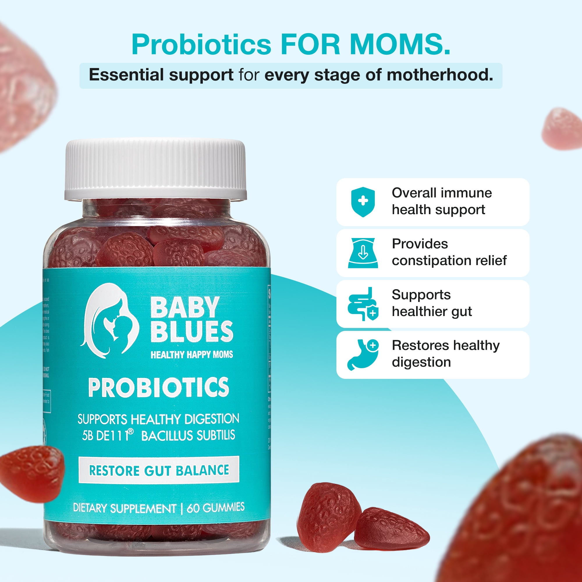 Baby Blues Probiotic Gummies for Women, Daily Gut Health with DE111 and Prebiotic Fiber, 60 Count