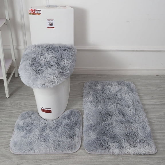 NAMZI 3 Pieces Grey Tie Dye Shaggy Bath Mat Set, Soft Plush Microfiber Non Slip Absorbent Bathroom Rugs