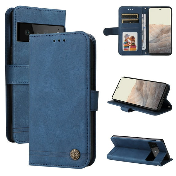 SaniMore Case for Google Pixel 7 Pro 6.7" 2022 with Wrist/Crossbody Strap,Retro PU Leather Anti-scratch Card Slots Cash Pocket Kickstand Shockproof Anti-drop Wallet Business Cover, Blue