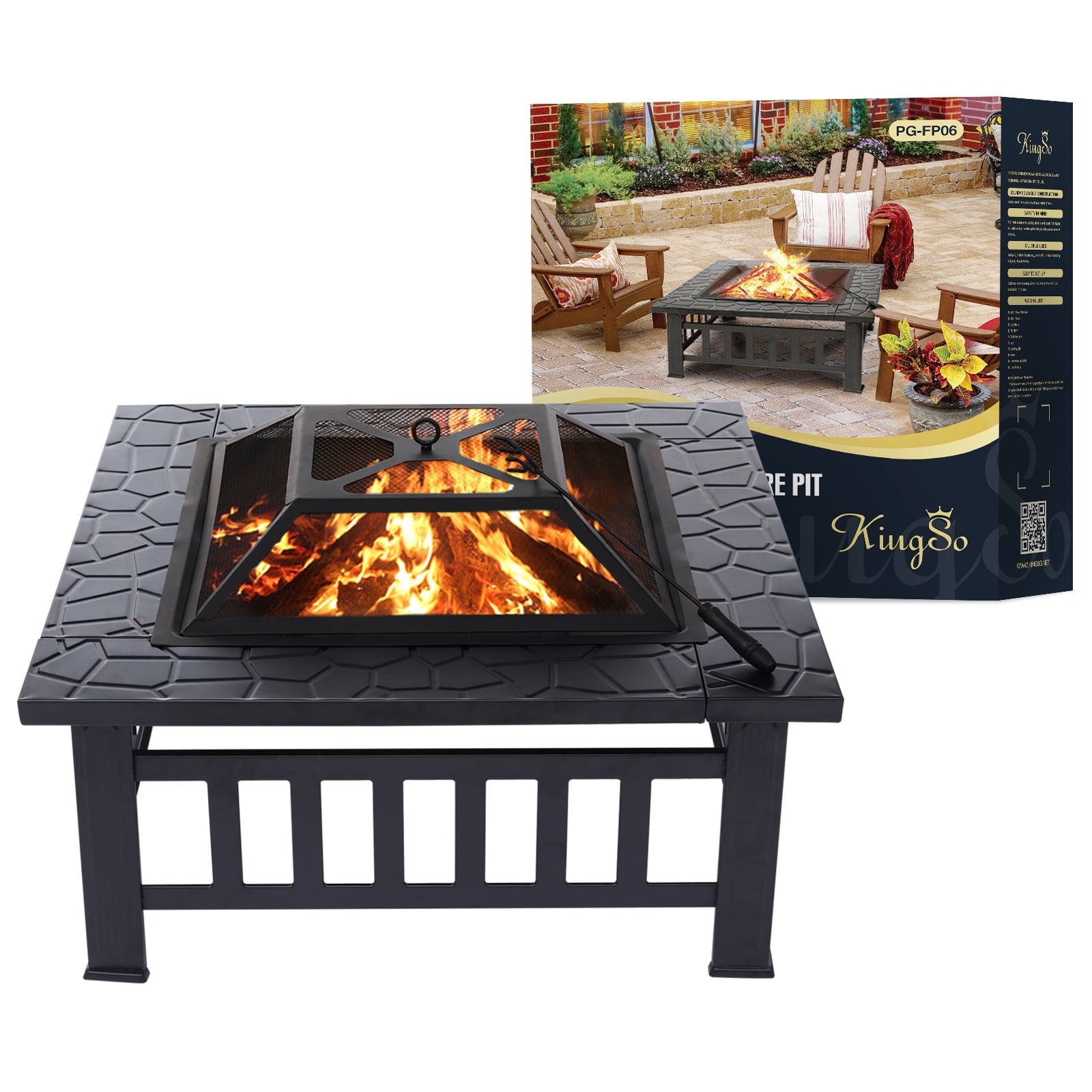 32" Wood Burning Fire Pit Outdoor Garden Patio BBQ Grill Square Stove W/ Cover 