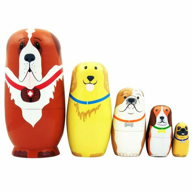 Porfeet 5Pcs/Set Cute Cartoon Dog Russian Nesting Dolls Matryoshka Wooden  Handmade Toy 