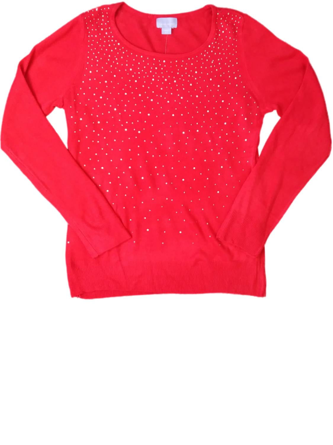 Womens Classic Cherry Red Knit Bedazzled Sweater Casual Dress Holiday ...