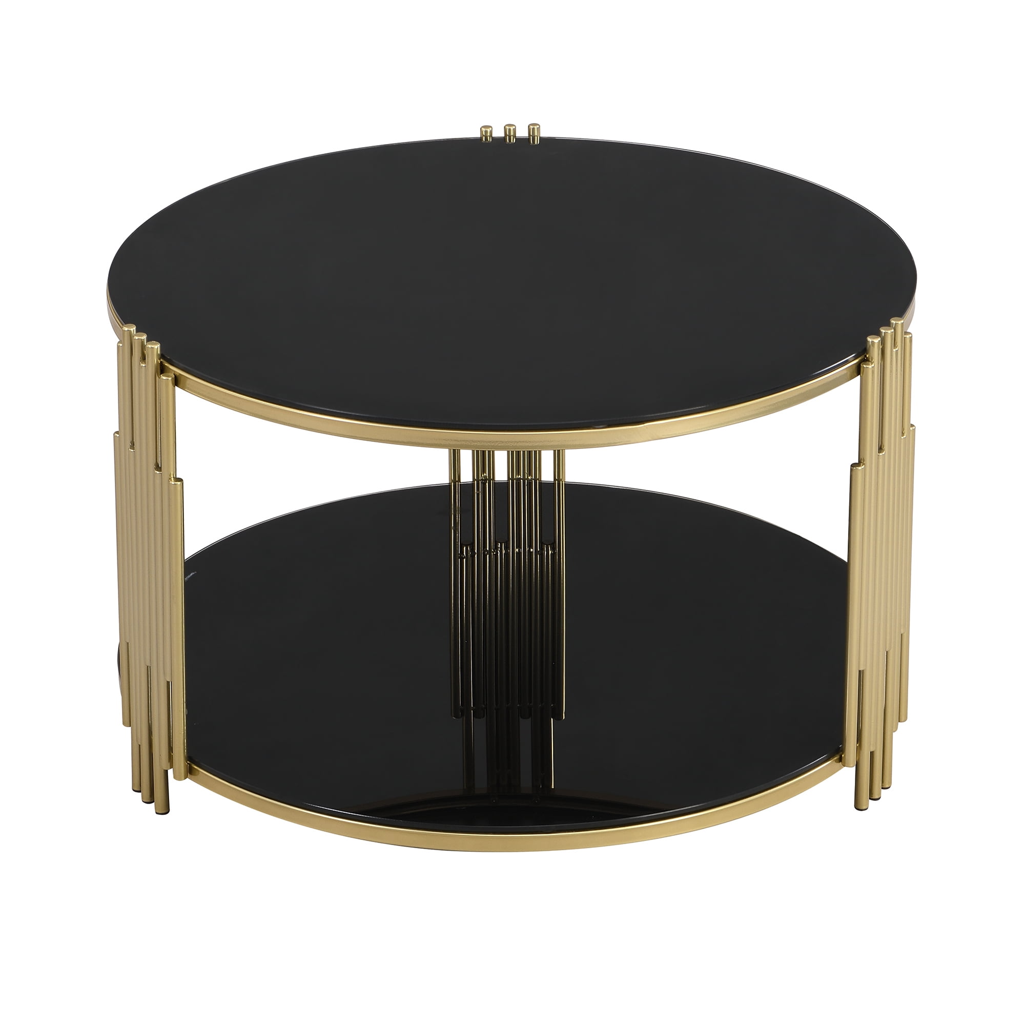 EUROCO 31.5" Round Coffee Table,Modern Tempered Glass Tea Table with Metal Base,Gold Finish and Lower Shelf,2 Tier Circle Dining Table for Study Room Reception Room,Black
