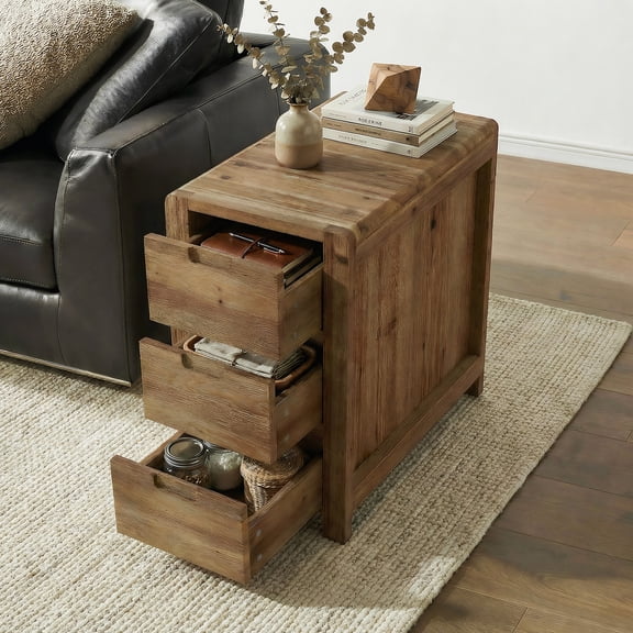 Finmind Solid Wood End Table, Narrow Side Table with Drawers for Living Room, Bedroom, Small Spaces, Natural Brown