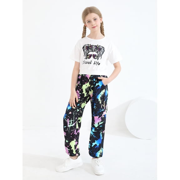 Usaibhir Girl Outfits Short Sleeve Printed Crop Tops Camouflage Pants 2pcs Summer Clothes Set 7-14T