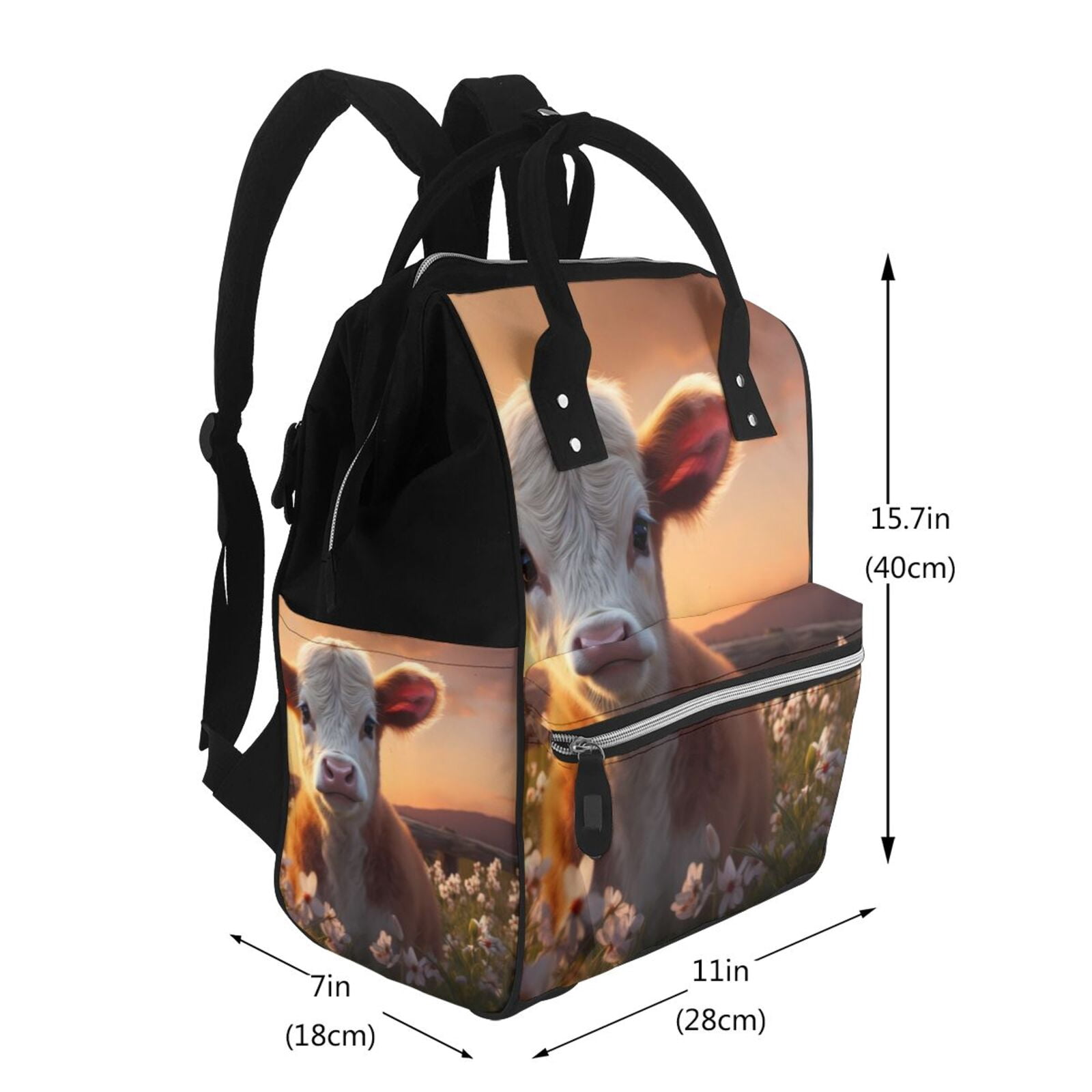 Fuzoiu Sunset Calf Flower Field Print Diaper Bag Backpack,Baby Essentials Travel Tote,Multi function Waterproof Diaper Bag, Travel Essentials Baby Bag - Unisex