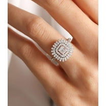 vylahjewellery Baguette Cut 3 Ct Double Halo Moissanite Diamond Ring Unique Plated White Gold Engagement Ring for Her