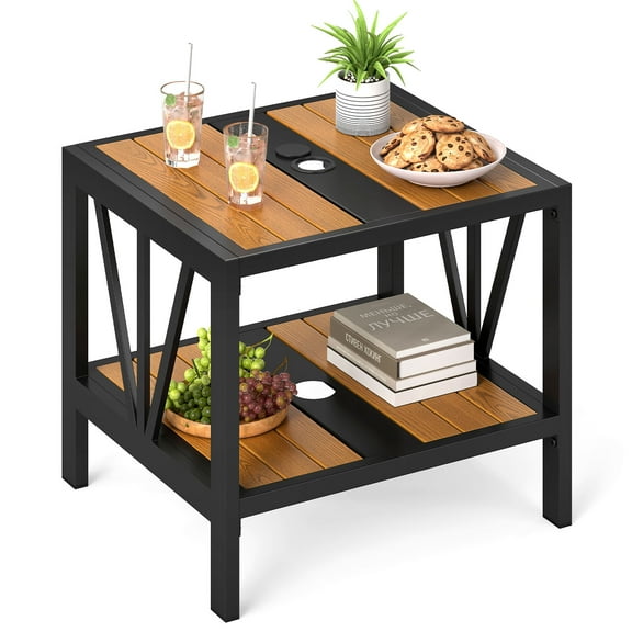 Gymax Outdoor Side Table 2-Tier Coffee End Table w/ 1.57'' Umbrella Hole Storage Shelf