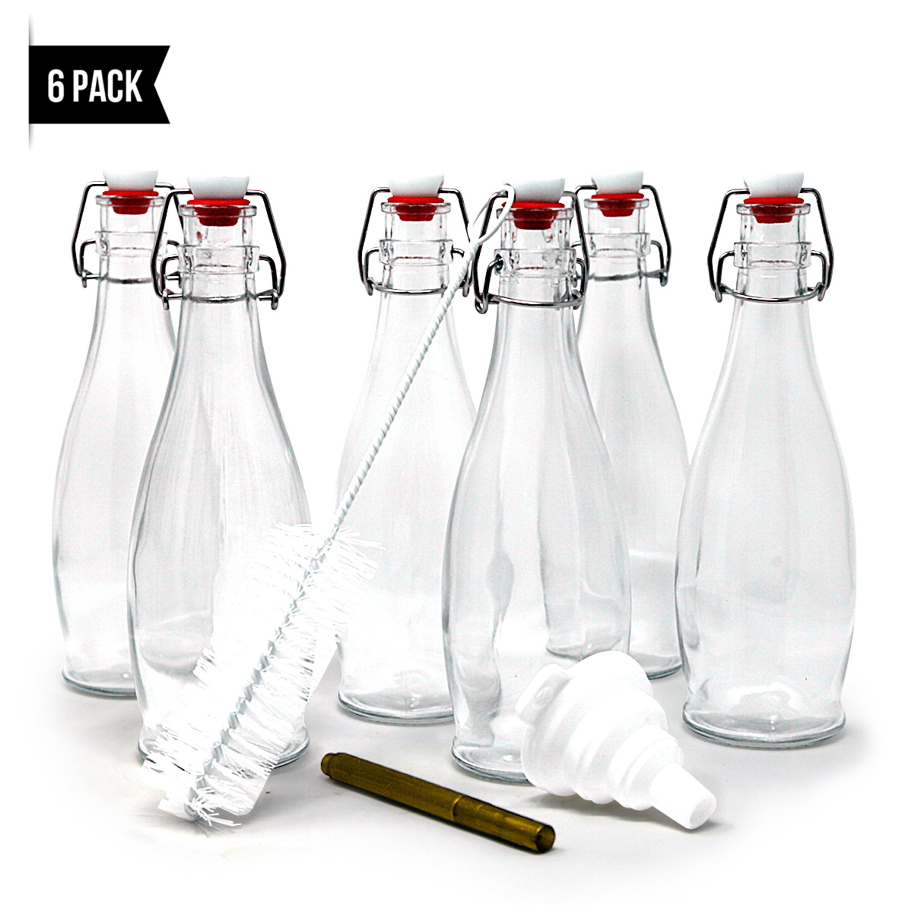 Nevlers Airtight Swing Top Glass Bottles with Funnel, Brush & Marker