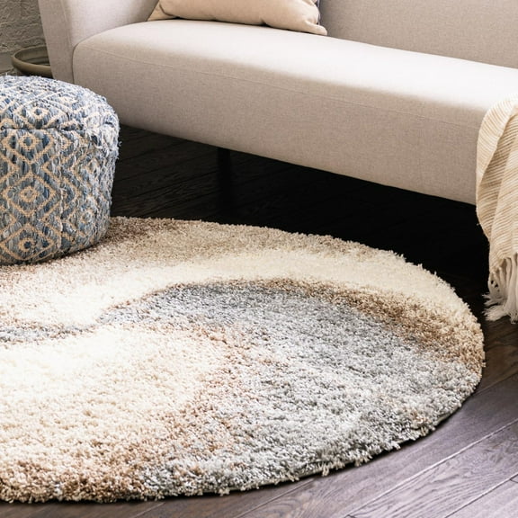 Unique Loom Soft Touch Shag Collection Area Rug - Selin (5' 3" Round Khaki/Ivory)