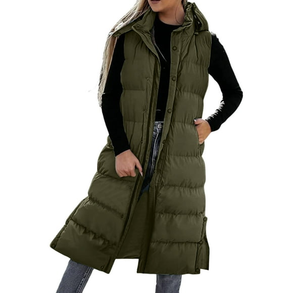 Women's Winter Long Down Vest Full-Zip Sleeveless Puffer Vest Coats Jacket Outerwear with Pockets and Removable Hood