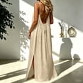 thumbnail image 2 of Bysome Women Dress Solid Color Sleeveless Round Neck Slit Dresses Summer Casual Women Dresses Size L Beige, 2 of 8