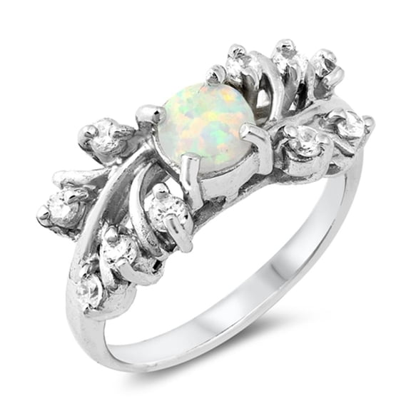 White Simulated Opal Leaf Fantasy Flower Ring ( Sizes 6 7 8 9 ) New .925 Sterling Silver Band Rings (Size 8)