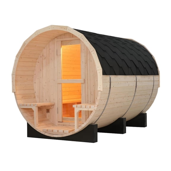 Sansheng® Outdoor 6 Person Premium Solid White Pine Barrel Sauna with Spacious Front Porch and 6 Kilowatt Heater for Backyard