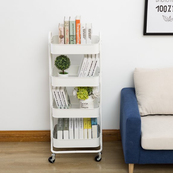 Walsport Heavy Duty Rubbermaid Mobile Storage Organizer 4-Tier Metal Mesh Rolling Utility Trolley Cart with Handle for Kitchen & Bathroom, White