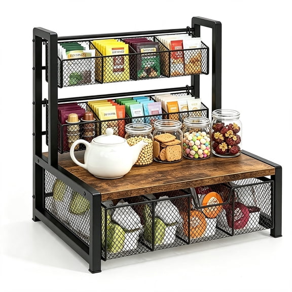 FT Hita Coffee Bar Organizer, Countertop K-Cup Holder with Sliding Mesh Drawer & Detachable Basket, Metal & Wood Coffee Pod Storage for Syrup, Cups, Condiment, Tea Bags, Home Office Coffee Station