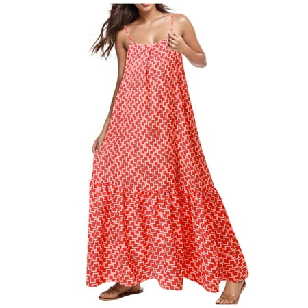 Blphud Summer Leisure Dresses Summer Dresses Full Length Women 2024 Casual Loose Bohemian Floral Dress Long Maxi Summer Beach Swing Dress Wedding Guest Dress Midi Dress for Women Hot Pink XXL