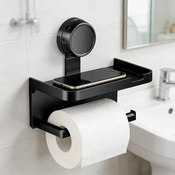 Toilet Paper Holder with Shelf, Fits Rolls, Rustproof Stainless Steel, Self Adhesive Wall Mount Toilet Paper Roll Holder, for Bathroom, Washroom, Kitchen, RV, Black