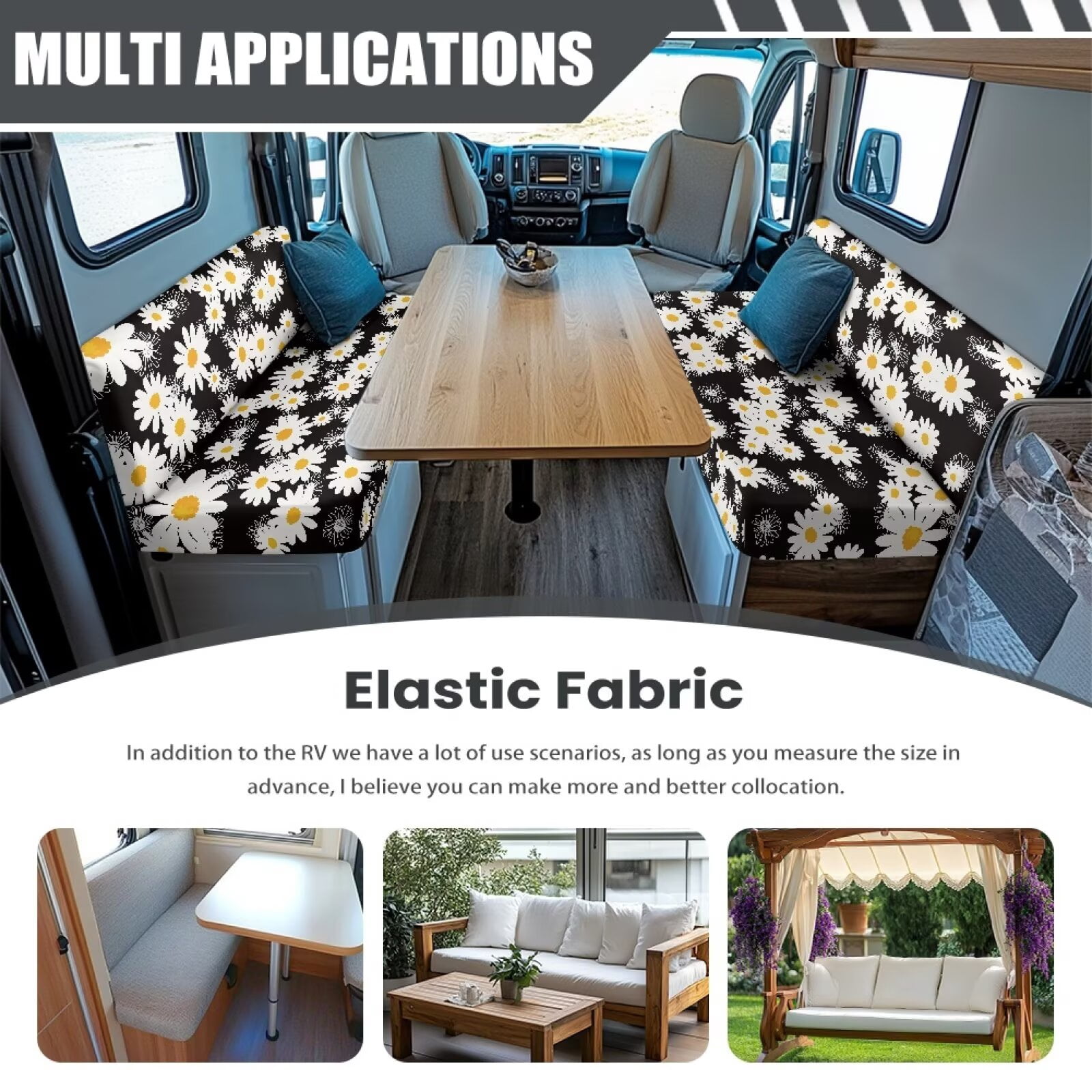 XYZCANDO Cute Daisy RV Dinette Cushion Covers Universal RV Accessories Outdoor Travel Use Comfortable Bench Cushion Stretchable Couch Cover 2 Cushion Sofa Washable Sofa Cover Gifts for Friend