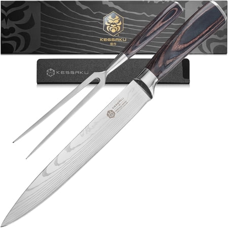 Kessaku 8 inch Slicing Meat Carving Knife and 6 inch Serving Fork Set - Samurai Series - Razor Sharp Kitchen Knife - Forged 7Cr17MoV High Carbon Stainless Steel - Wood Handle with Blade Guard