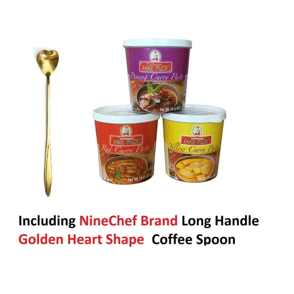 NineChef Bundle - Mae Ploy Thai Curry Red Panang and Yellow Paste Variety Pack 14 oz (Pack of 3) 1 NineChef Brand Golden Heart Ice Tea Coffee Long Handel Spoon