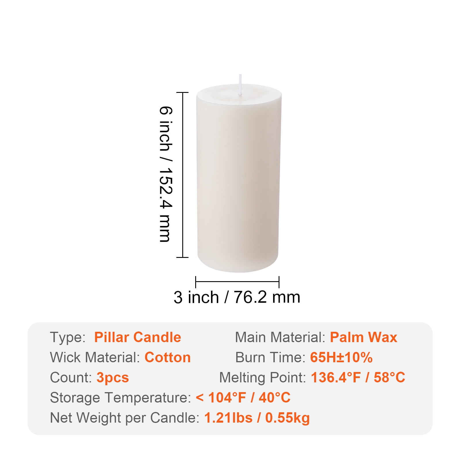 KFFKFF Trio of White Odorless Pillar Candles, 65 Hour Extended Burn Time, 3 x 6 Inch Flameless Unscented Candles, Crafted from Natural Palm Wax for Household Use, Nuptials, Yuletide Celebrations