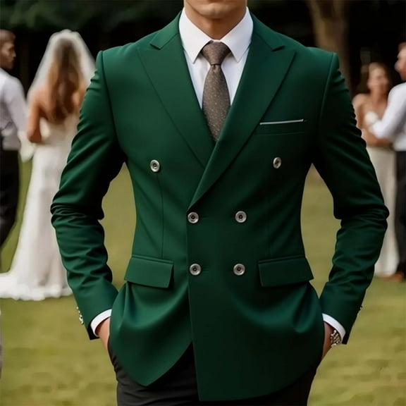 Dolkfu Double Breasted Jackets for Man Green One Notched Lapel Blazer Party Slim Suit Jacket Mens Outerwear L
