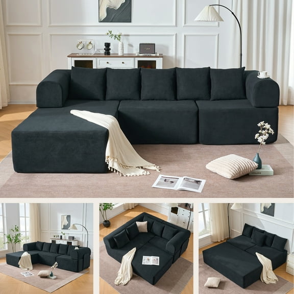 NeoKo 106" Modular Sectional Sofa,L Shaped Cloud Couch with Deep Seat,Modern Velvet Boneless Couch with Movable Chaise & 5 Pillows,Compressed Sofa in a Box for Living Room,No Assembly Requir,Black