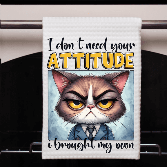 Versatility 500 Cat Attitude Kitchen Towel, 1‑Pack, Absorbent Waffle Weave 16x24 inch, Funny Kitchen Decor