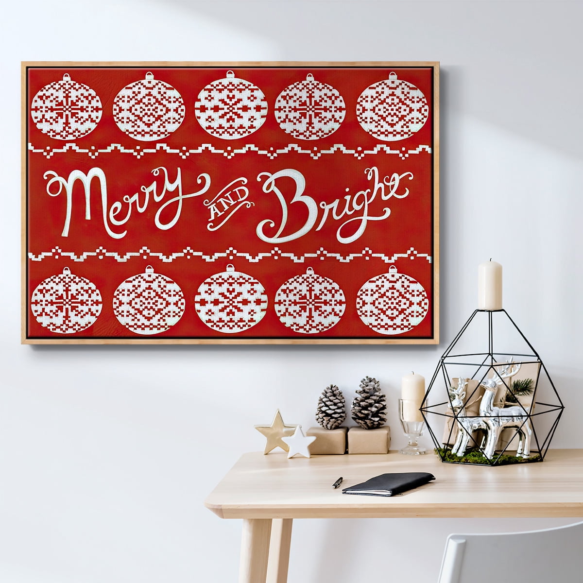 Fair Isle Snowflake II - Framed Gallery Wrapped Holiday Canvas - 25 x 37 - Natural Wood Frame