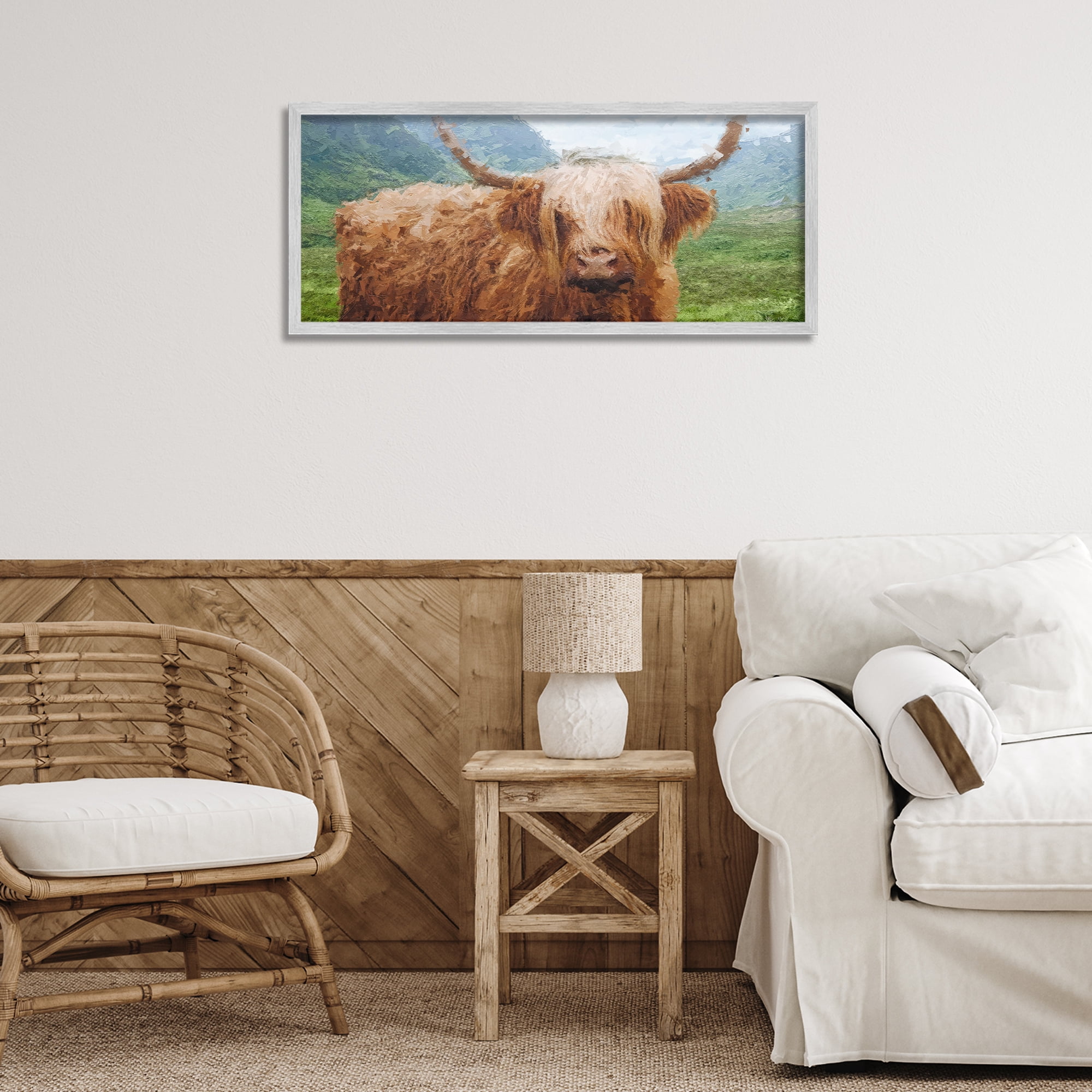 Stupell Industries Impressionist Highland Cattle Animals & Insects Painting Gray Framed Art Print Wall Art, 30 x 13