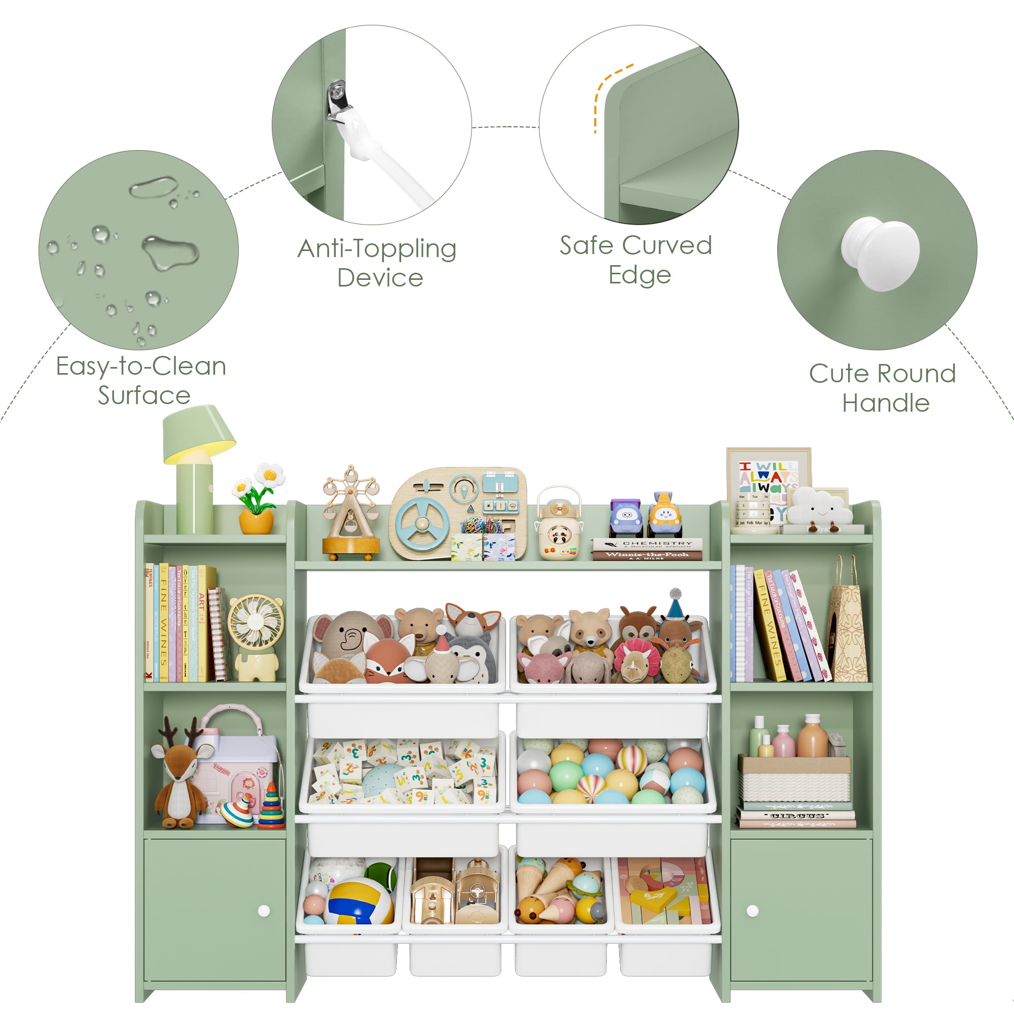 Homfa Kids Toy Organization Cube Bookcase with 8 Bin, 2 Door Toy Storage Organizer Bookshelf for Children Room Playroom, Green