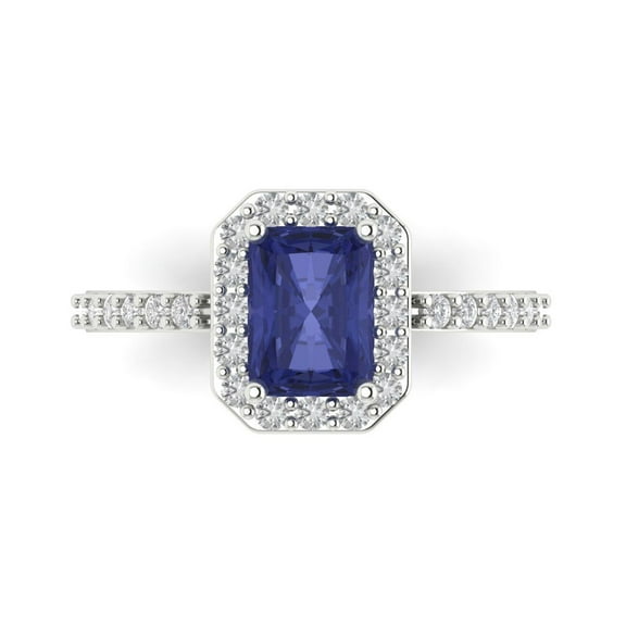 1.92 ct Emerald Cut Simulated Tanzanite Solitaire with Simulated Diamond Accents 14K White Gold Womens Engagement Ring
