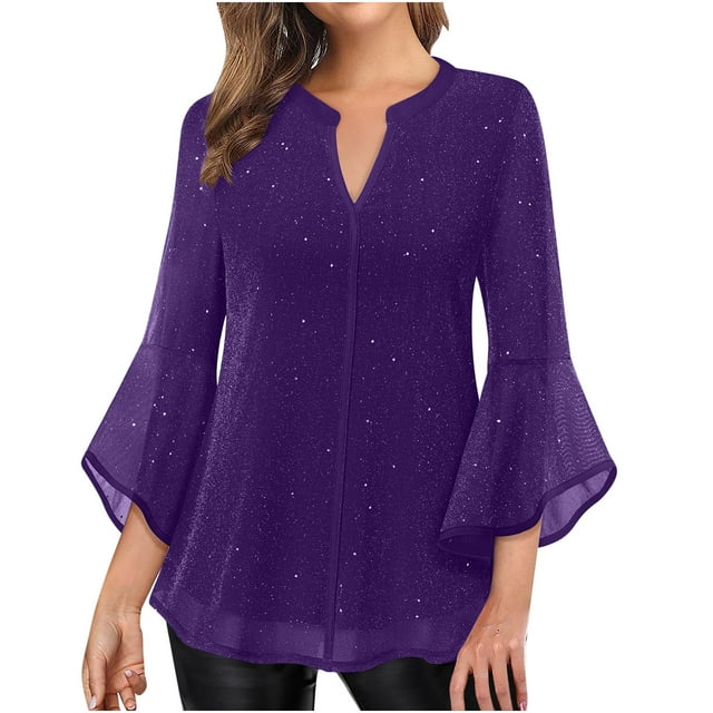 Plebaso Women's Dressy Shirts Ruffle 3/4 Sleeve Mesh Tunic Tops Double Layers Elegant Loose Flowy Blouses