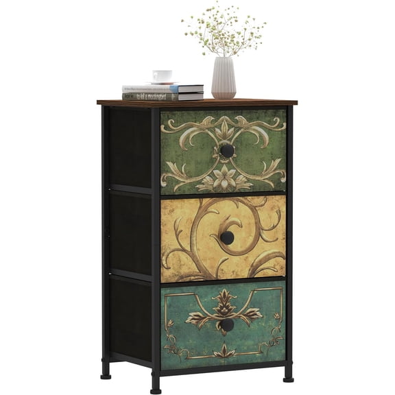 Small Dresser for Bedroom with Retro Flower Narrow Drawers Slim Chest of Drawers Skinny Nightstand Sofa End Table for Living Room Entryway Closet Storage (Multi, 3 Drawers)