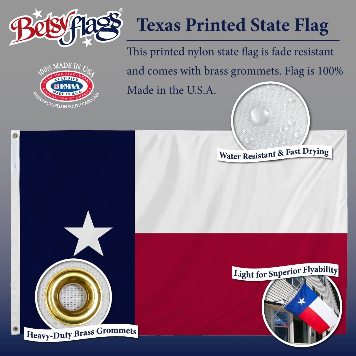 3x5ft Printed Nylon Betsy Flags Texas State Flag, Grommeted