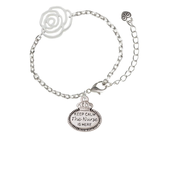 Delight Jewelry Silvertone Keep Calm The Nurse is Here Silver-tone Flower Link Chain Bracelet, 6.75" 2" Extender