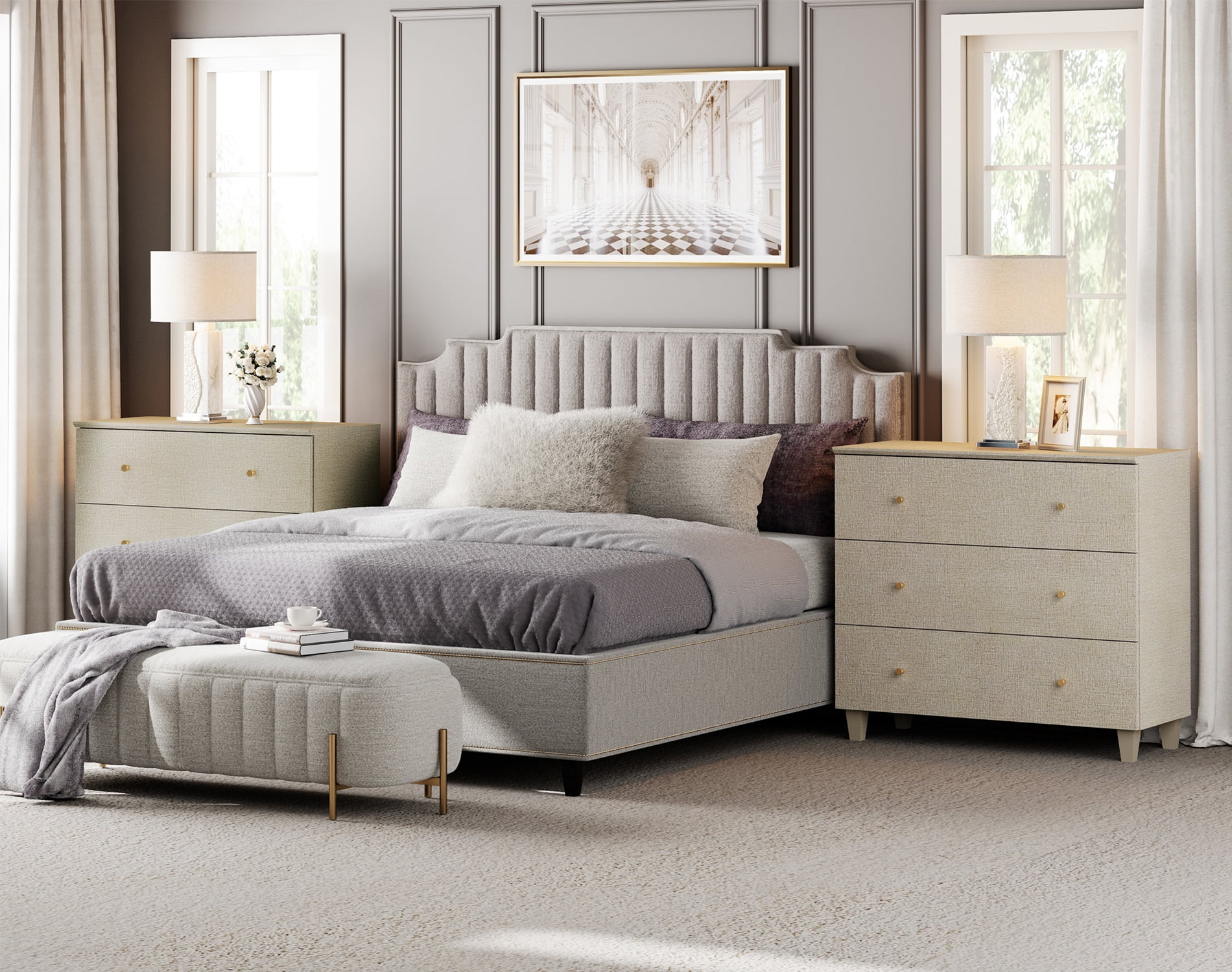 WAMPAT Large 3-Drawer Nightstands Set of 2, 36" Wide Wooden Bedside Tables with Deep Storage, Modern Oversized End Tables for Bedroom, Beige Linen Printed