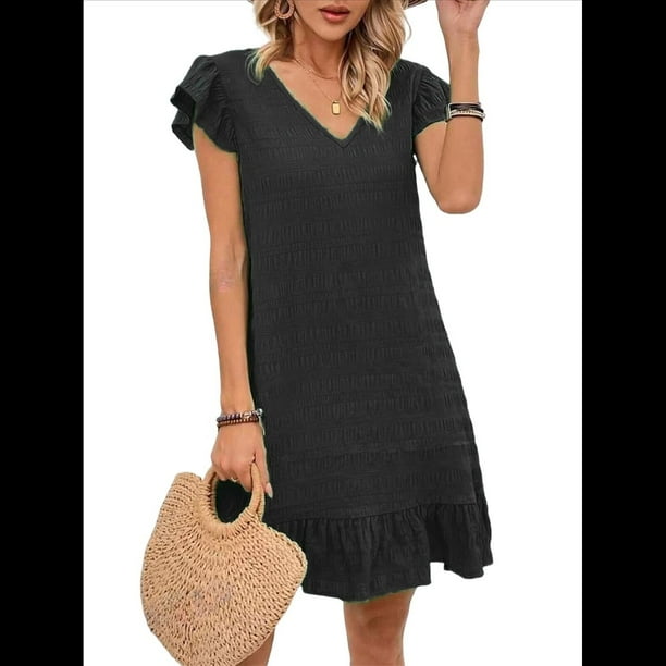 Vestidos de Verano para Mujer, Cuello en V, Mangas , Dobladillo con Volantes, Vestido Negro XL