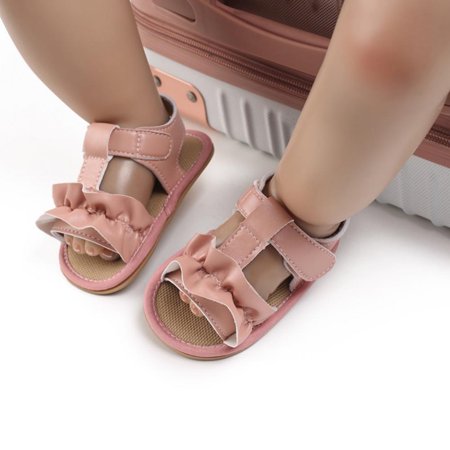 

Summer Sandals Kids Mules Baby Boys Girls Prewalker Newborn Kids PU Ruffled Edge Soft Sole Crib First Walkers Shoes Flat with