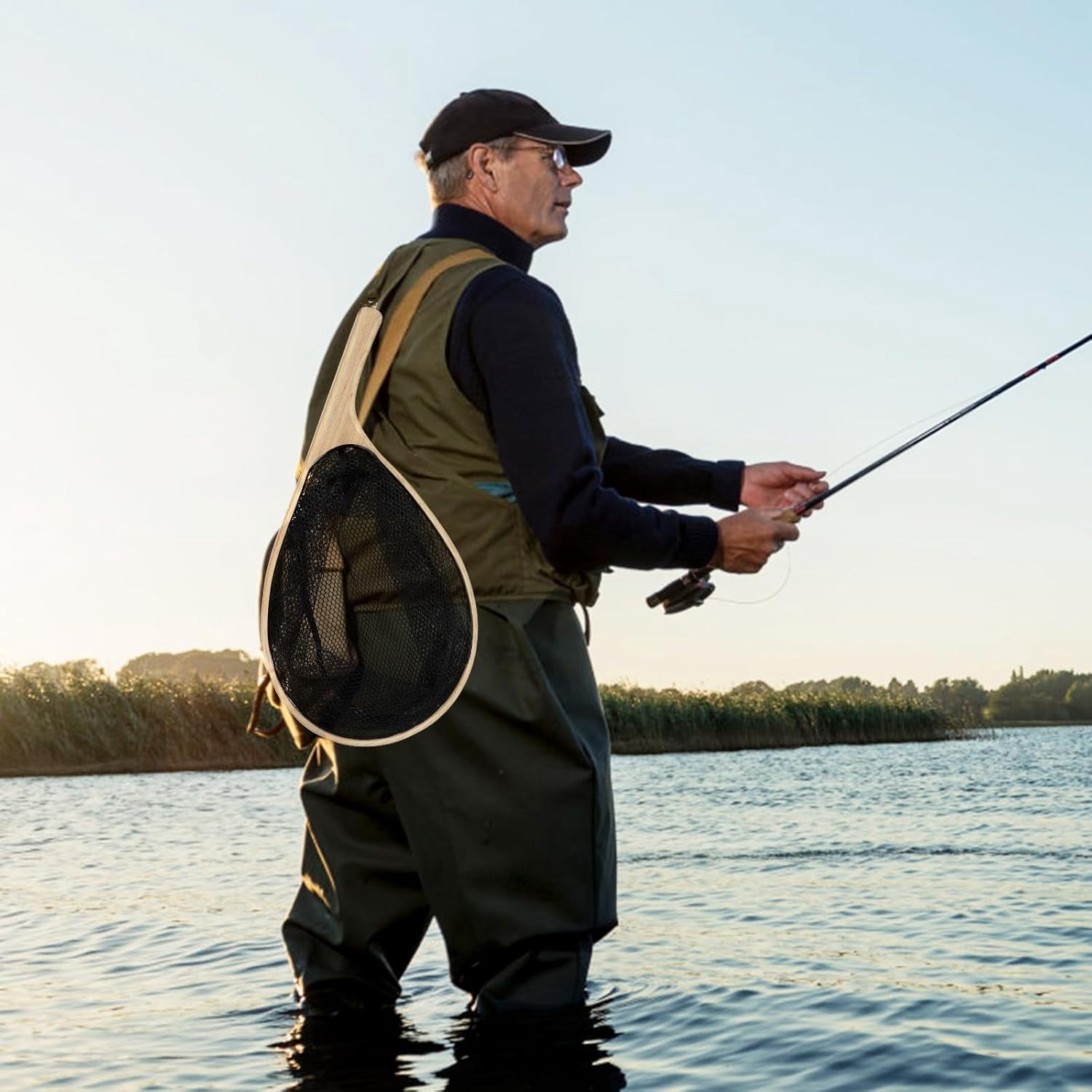 ATENOW Fly Fishing Landing Net Trout Fishing Net, Soft Rubber Catch and Release Fish Net with Wooden Handle Frame, 55.2*27.3*1.8cm