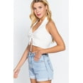 thumbnail image 3 of Saronite Basic Front Ruched Halter Neck Sweater Knit Crop Top, Off White (Women's), 3 of 4