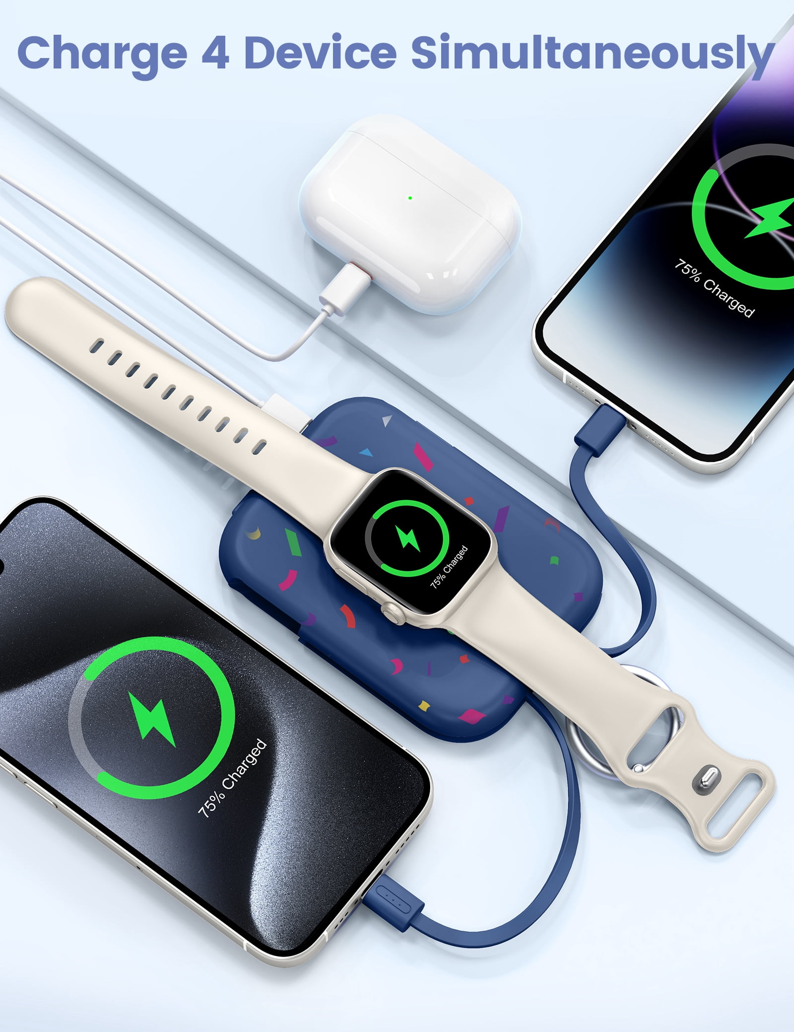 RORRY Portable Charger, 5000mAh Power Bank - Apple Watch Charger with Built-in Cables,Travel-Ready Portable Charger for iPhone 17/ 16/15/14 ,Android ,Apple Watch Ultra2/11/10/9/8, Confetti-Blue