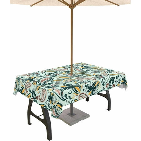 

Outdoor Tablecloth with Umbrella Hole and Zipper 60 x 84 Inch Retro Flowers Abstract Paisley Green Table Cover for Rectangular Tables Waterproof Tabletop Collection for Patio Garden Picnic Camping