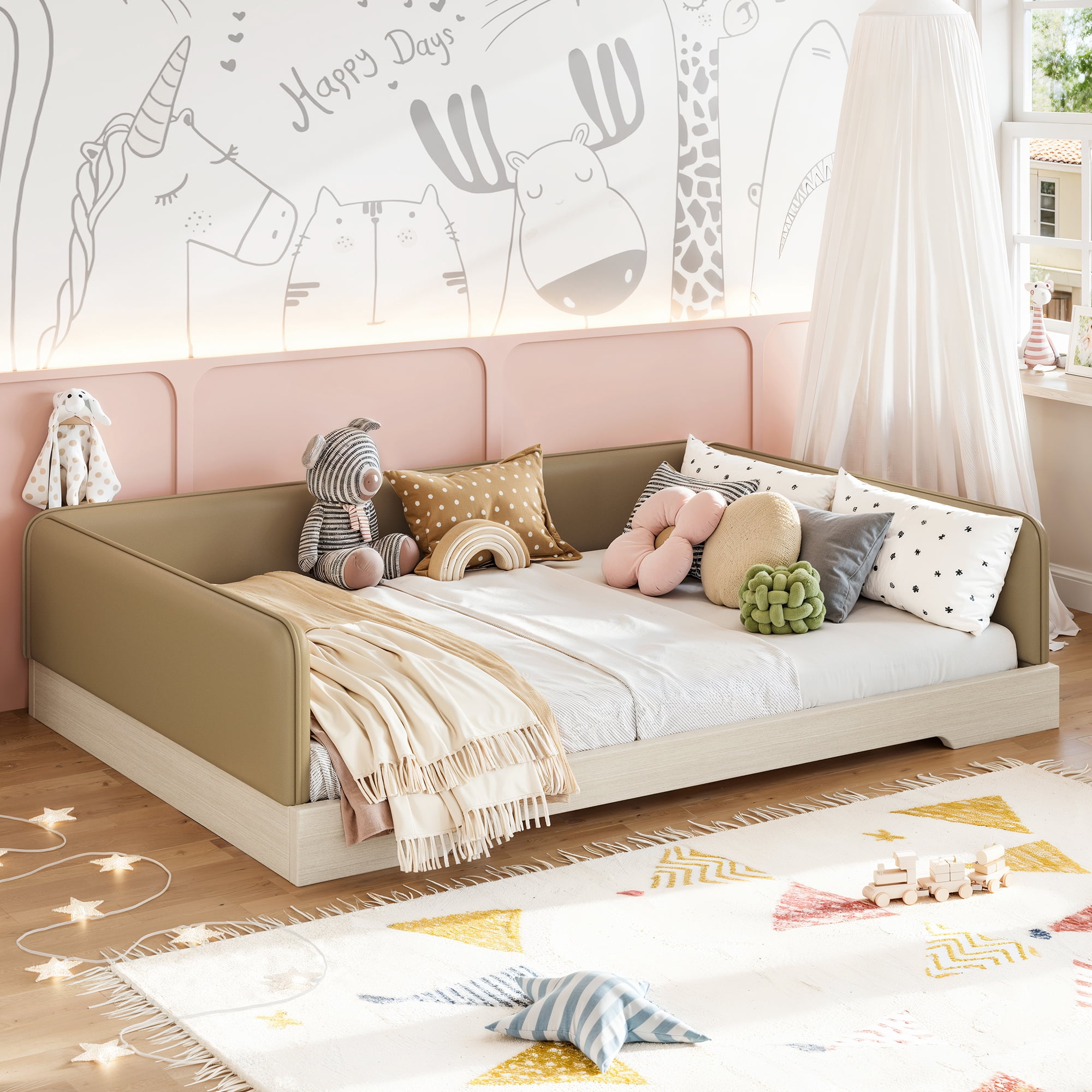 Full Upholstered Floor Bed 77.56 Inch, Faux Leather Montessori Bed with Removable Guardrails, Low Profile Platform Bed for Kids, Brown