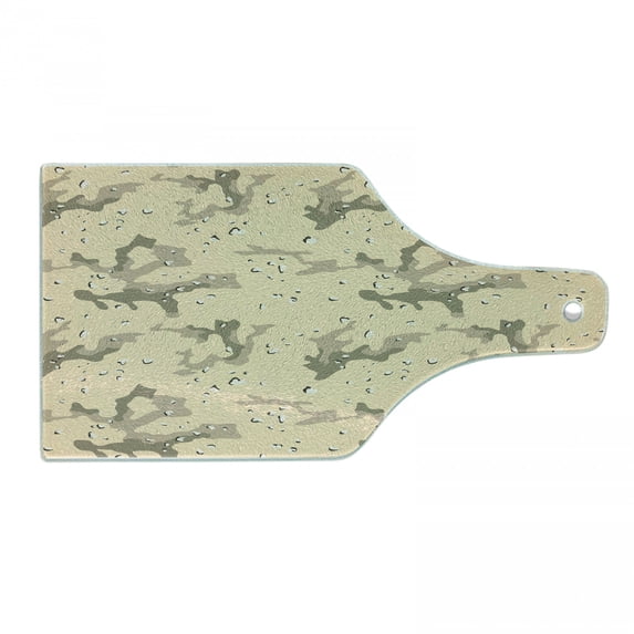Camo Cutting Board, Abstract Shapes Background Hiding in the Desert Theme Design, Decorative Tempered Glass Cutting and Serving Board, Wine Bottle Shape, Pale Orange Army Green, by Ambesonne